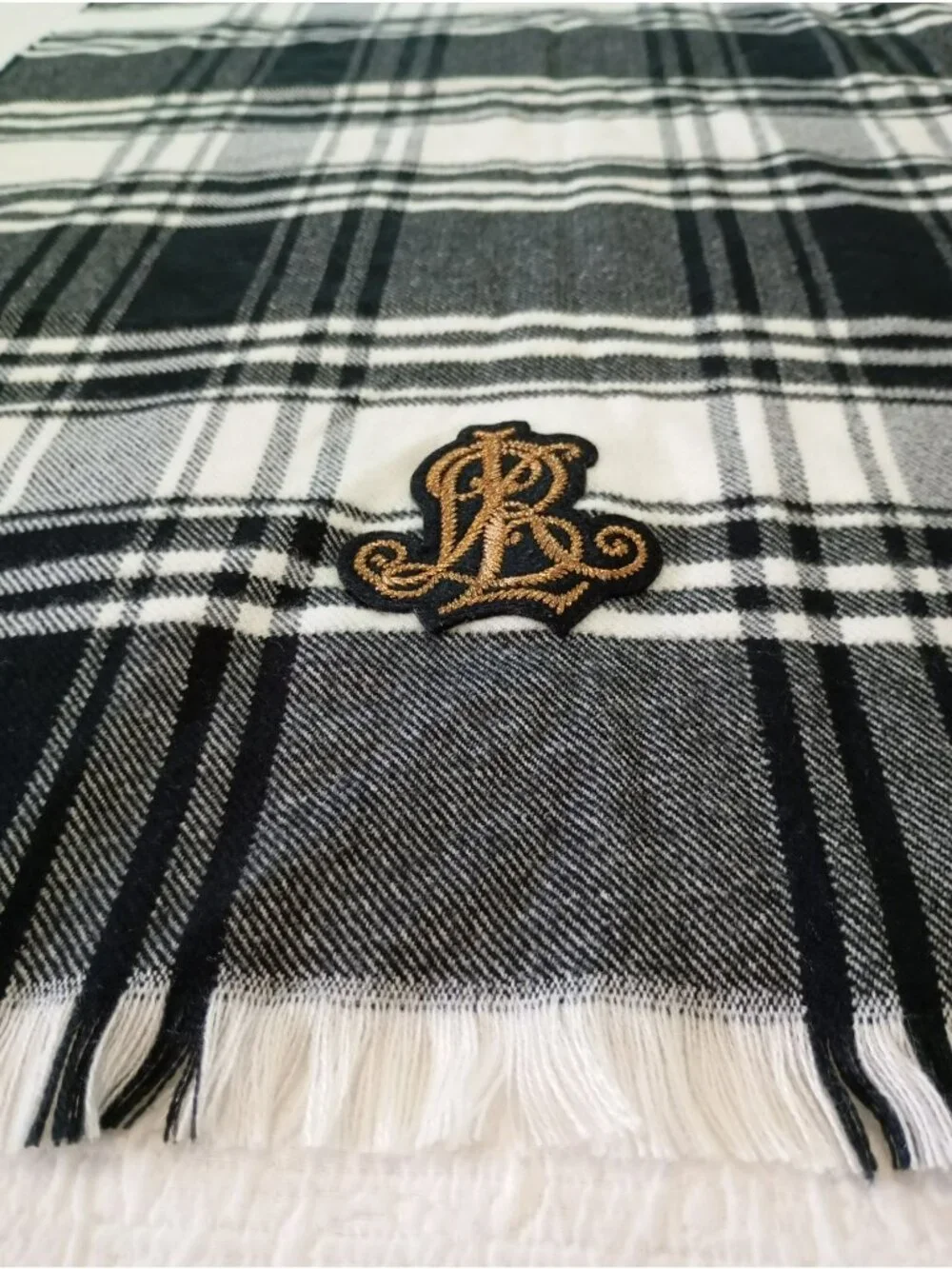 Lauren Ralph Lauren Black White Plaid Scarf Embroidery Fringed Edges